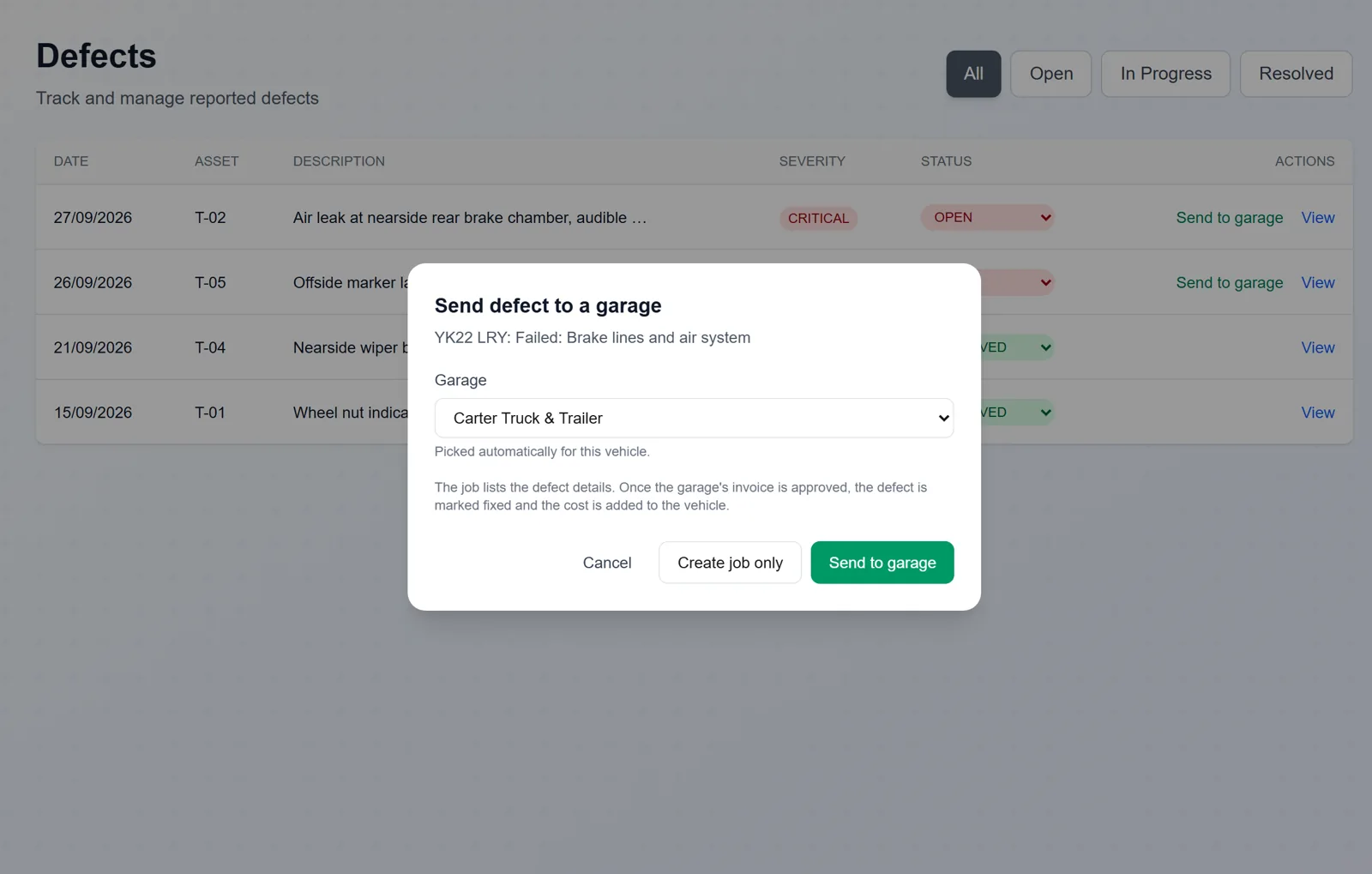 Defect to garage: Send the defect to the right garage in one click